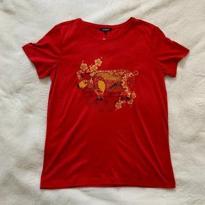 Desigual Short Sleeve Top Red Embroidered Sequin Pig Festive Holiday Size L